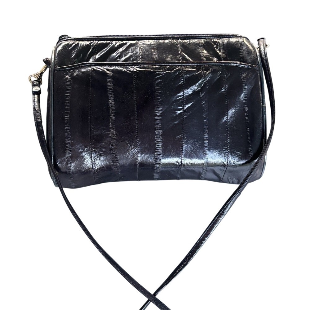 Vintage Lee Sands Genuine Eel Skin Crossbody Bag Navy Blue 1980s Retro